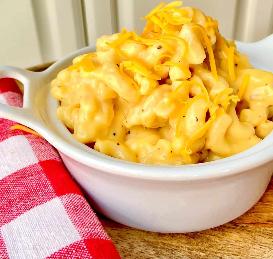 Macaroni and cheese in white bowl