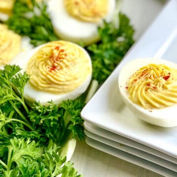 Hard boiled deviled eggs on a platter