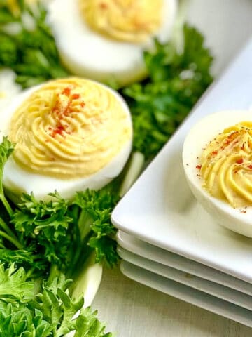 Hard boiled deviled eggs on a platter