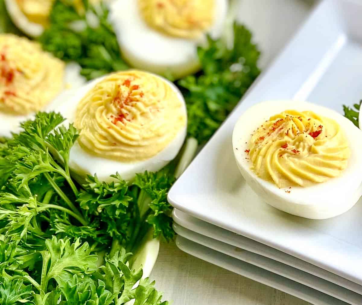 Hard boiled deviled eggs on a platter