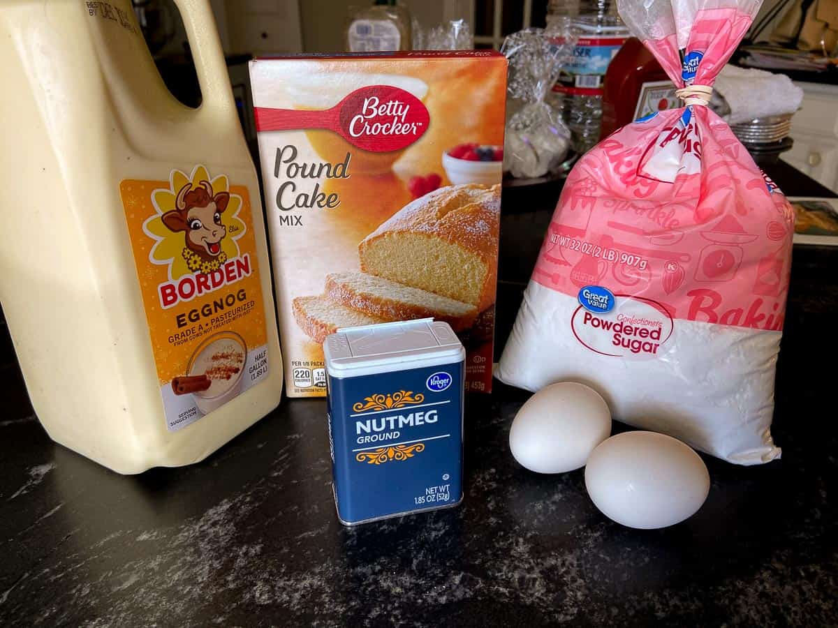 Eggnog pound cake ingredients on counter