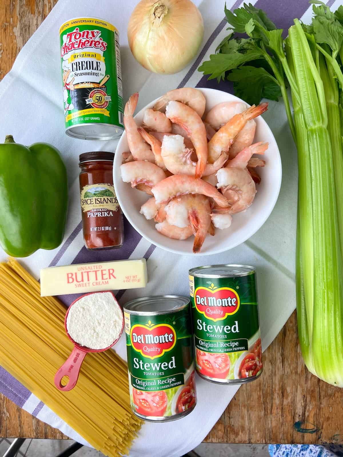 Ingredients for Creole shrimp pasta.