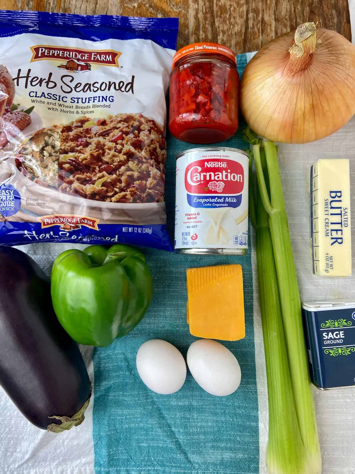 Ingredients for eggplant casserole on kitchen counter.