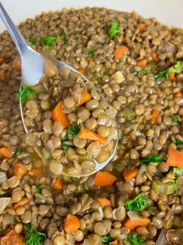 Mediterranean Lentil soup on spoon.