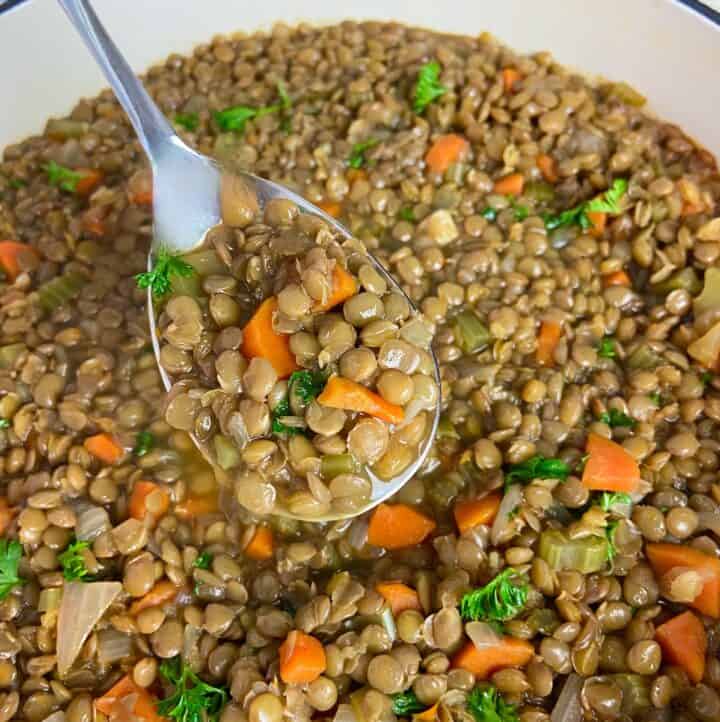 Mediterranean Lentil soup on spoon.