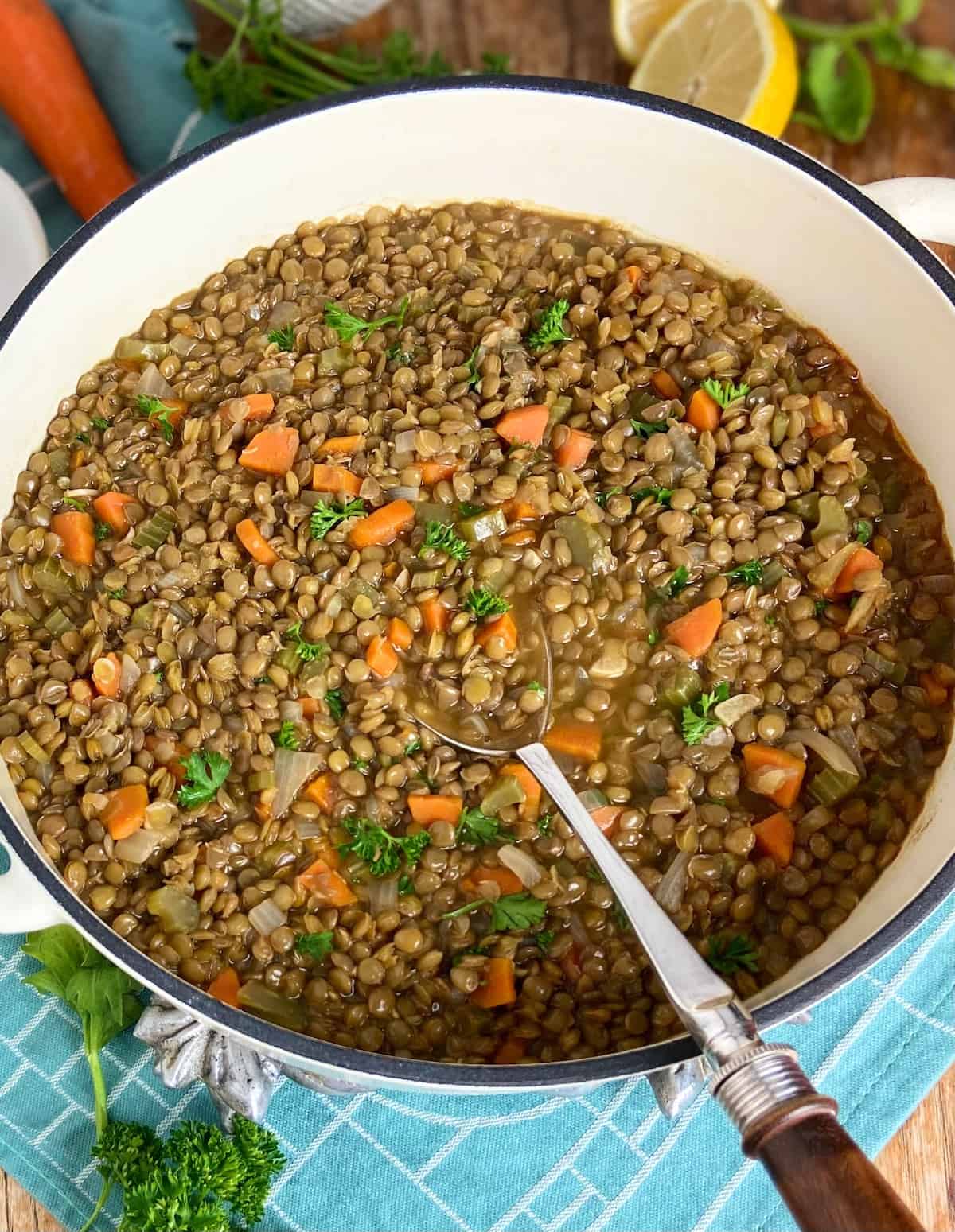 Mediterranean Lentil Soup in large white dutch oven.