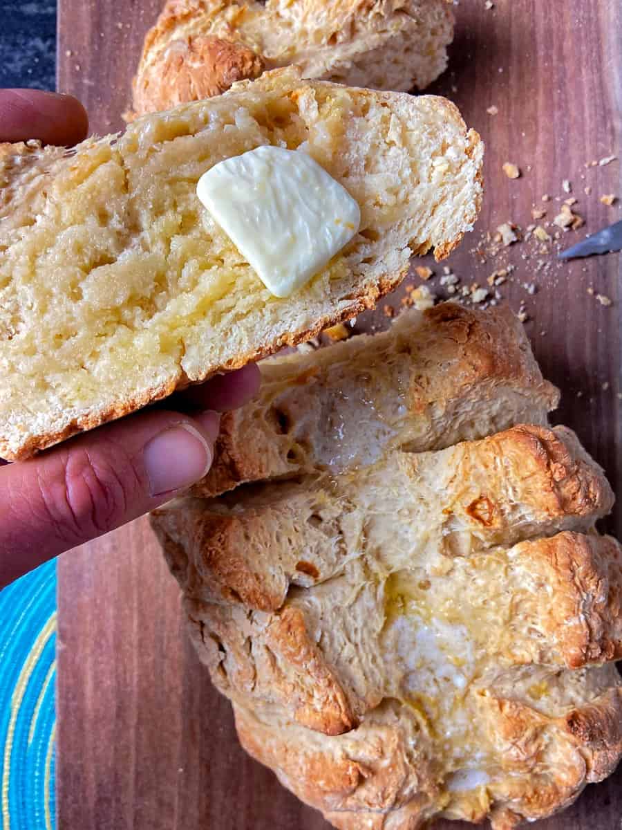 Slice of buttered Irish soda bread.