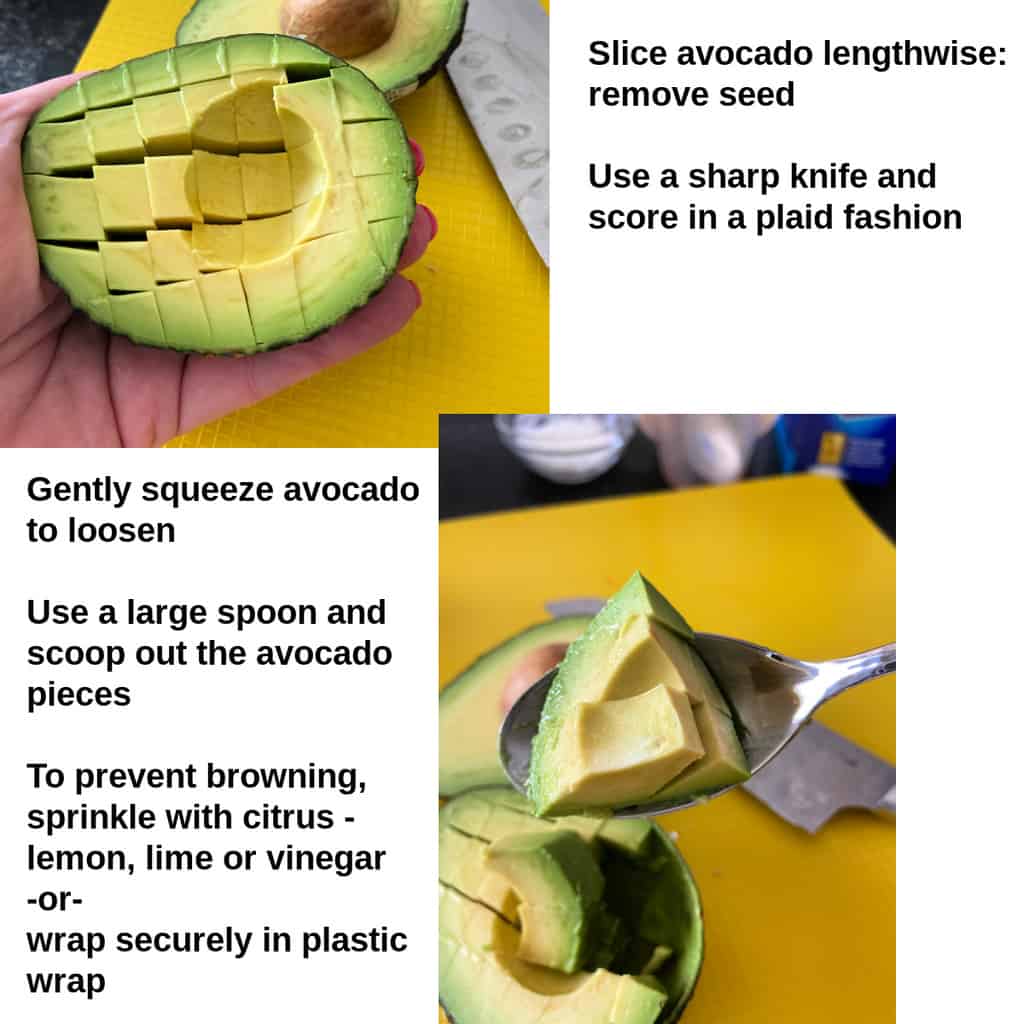 Instructions and visual for how to dice an avocado