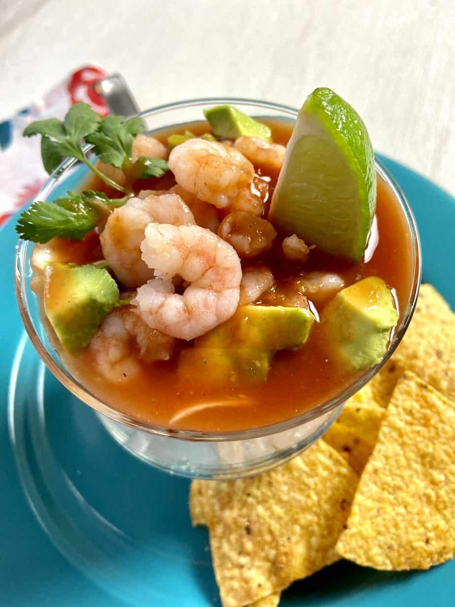 Mexican Shrimp Cocktail with a side of tortilla chips.