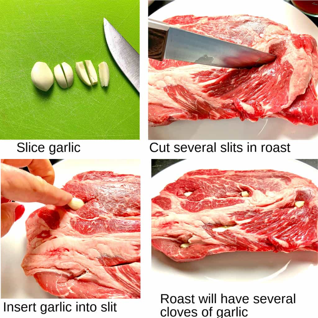 Four steps to plugging the pot roast with garlic slices.