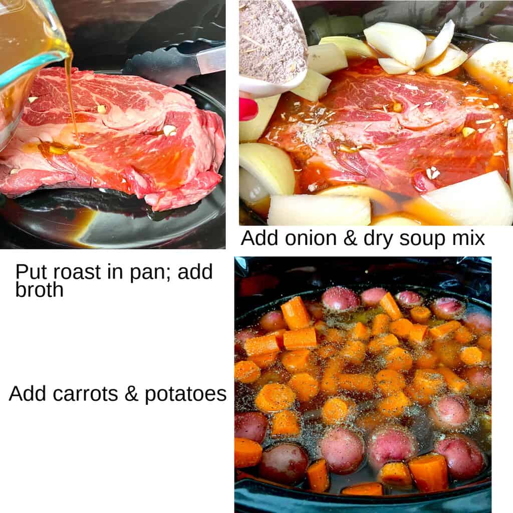 Roast in slow cooker with onion, carrots, potatoes and broth.