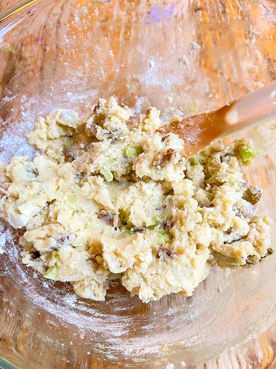 Mashed potatoes and egg in bowl.