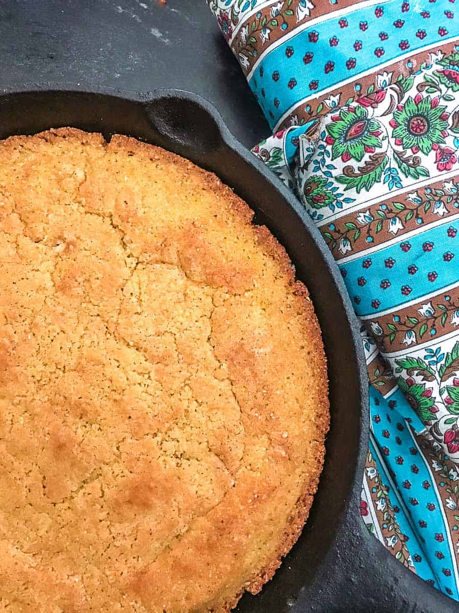 Cornbread in cast iron skillet.