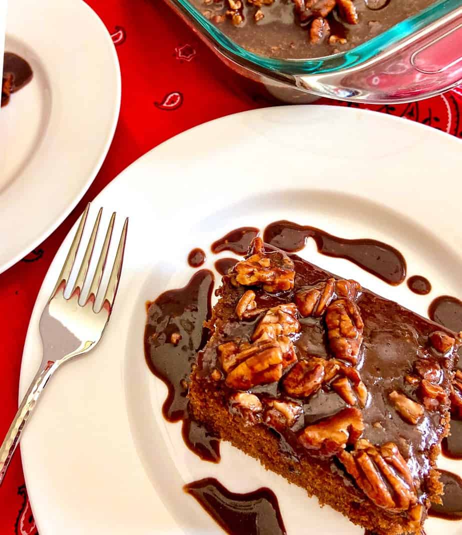 Slice of cake on white plate drizzled with chocolate pecan icing.