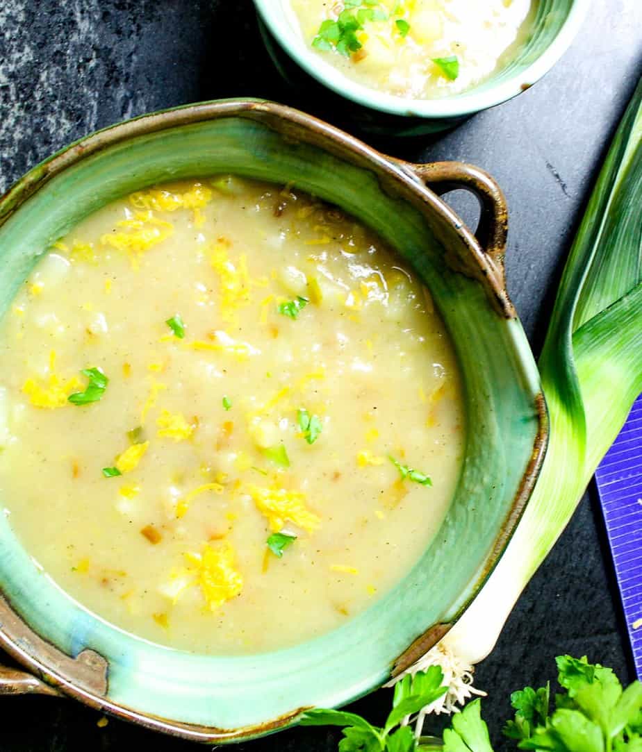 Vegan potato soup in green bowl.