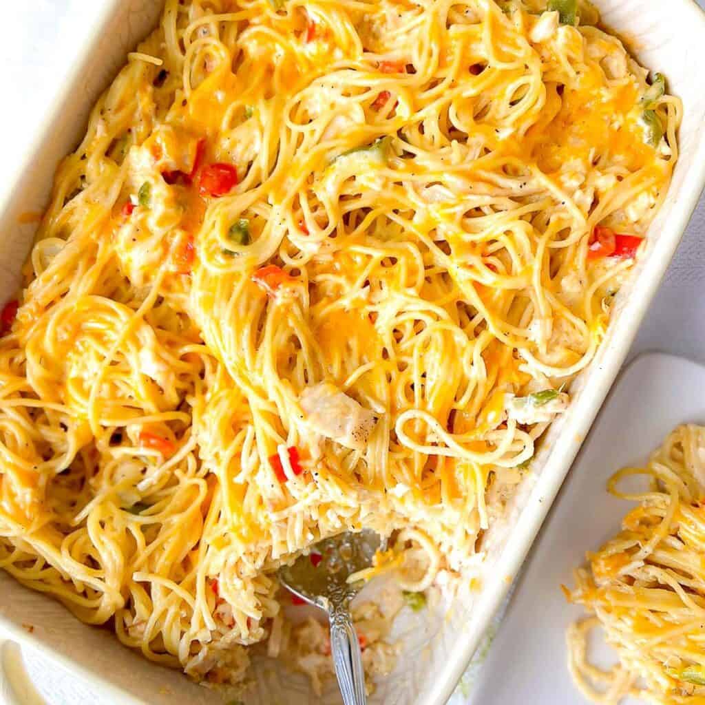 Chicken spaghetti in baking dish.