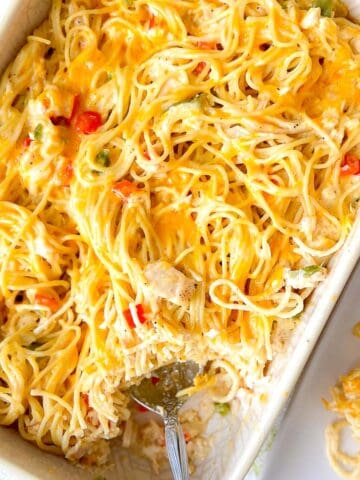 Chicken spaghetti in baking dish.