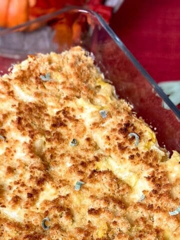 Parsnip casserole in baking dish.