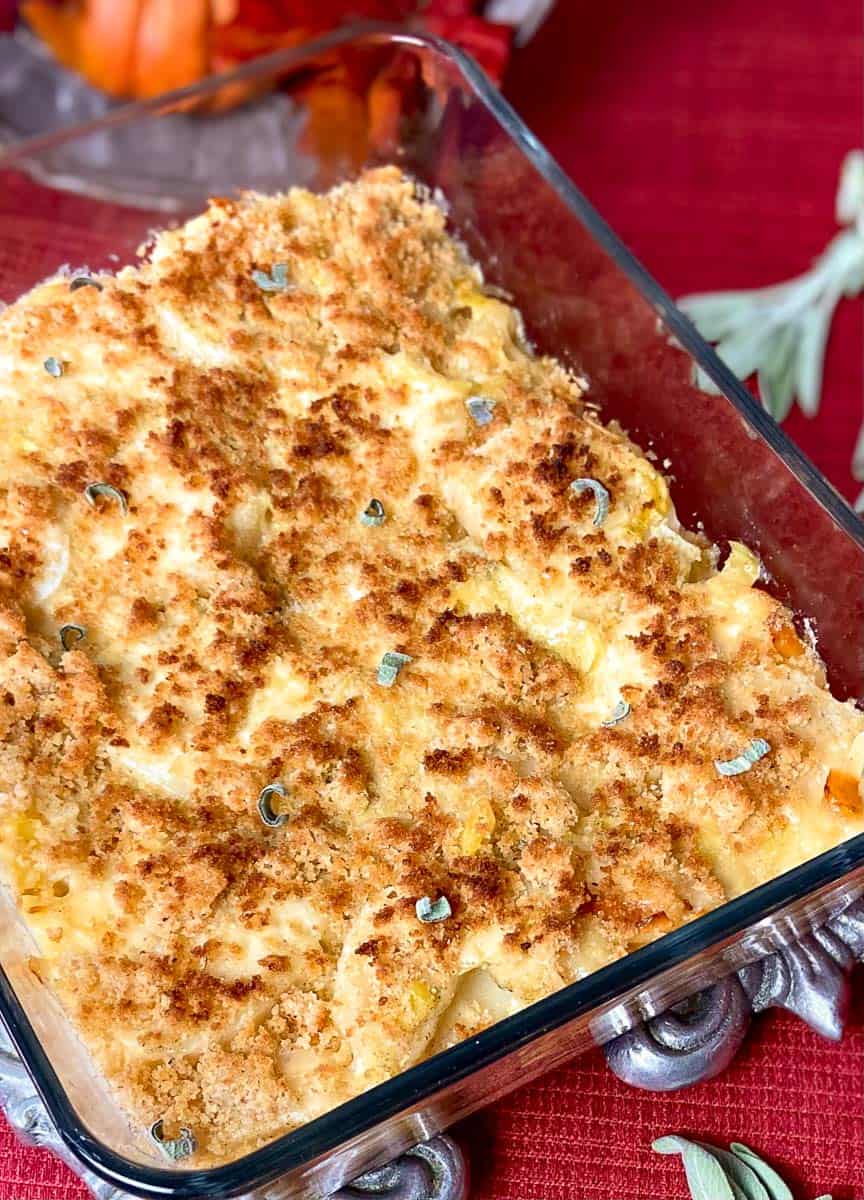 Parsnip gratin in casserole dish.