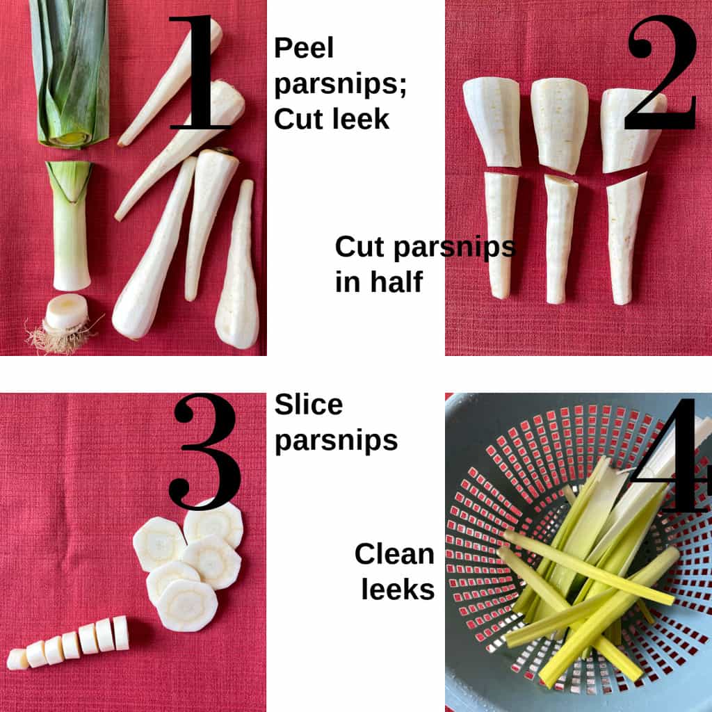 How to cut the leeks and parsnips.