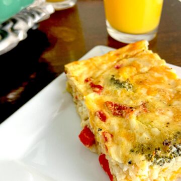 Slice of low carb egg casserole on plate.