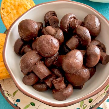 Burgundy Mushrooms in a decorative bowl.