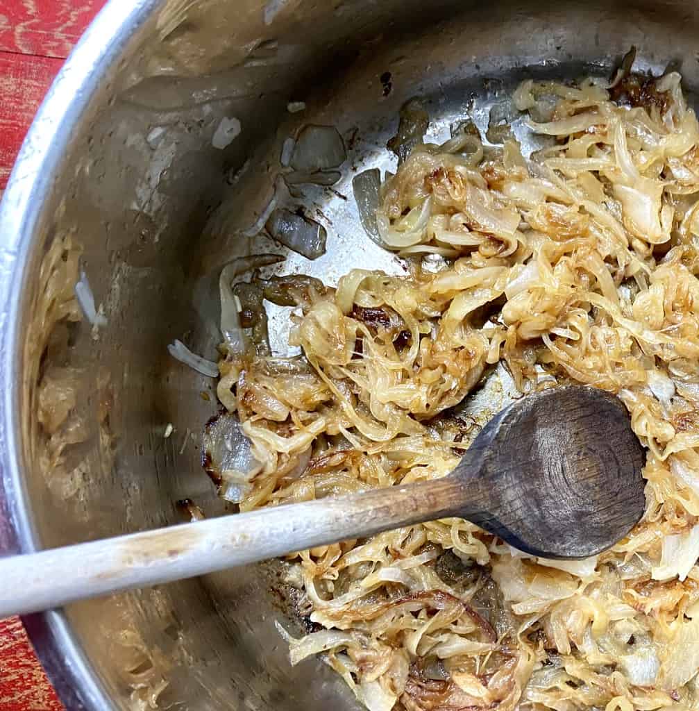 Carmelized onions in stockpot.