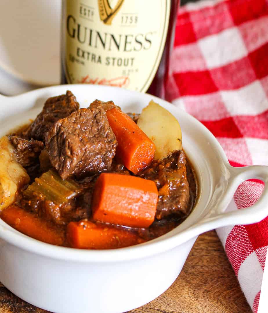 Beef stew in white bowl.