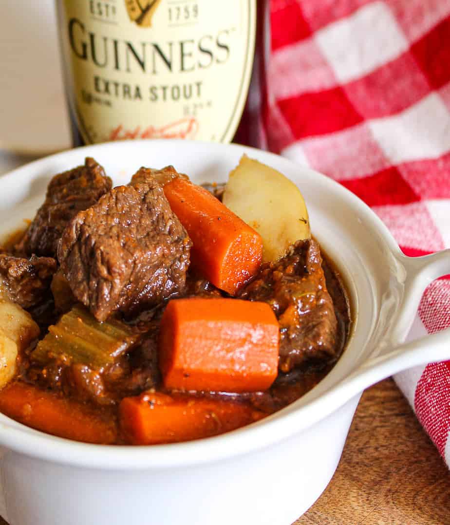 Beef stew in white bowl.