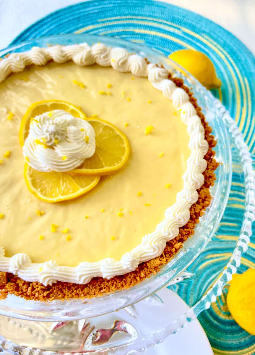 Lemon Icebox pie on crystal platter.