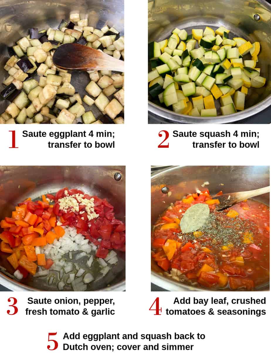 Process shots showing how to make ratatouille.