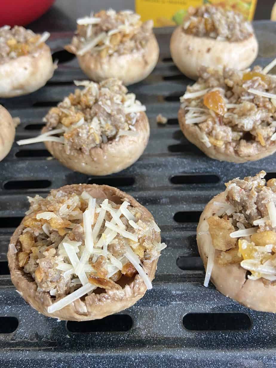 Stuffed mushrooms on broiler pan.