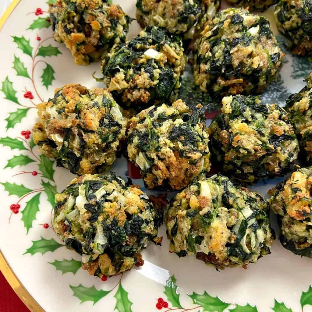 Spinach balls on decorative plate.