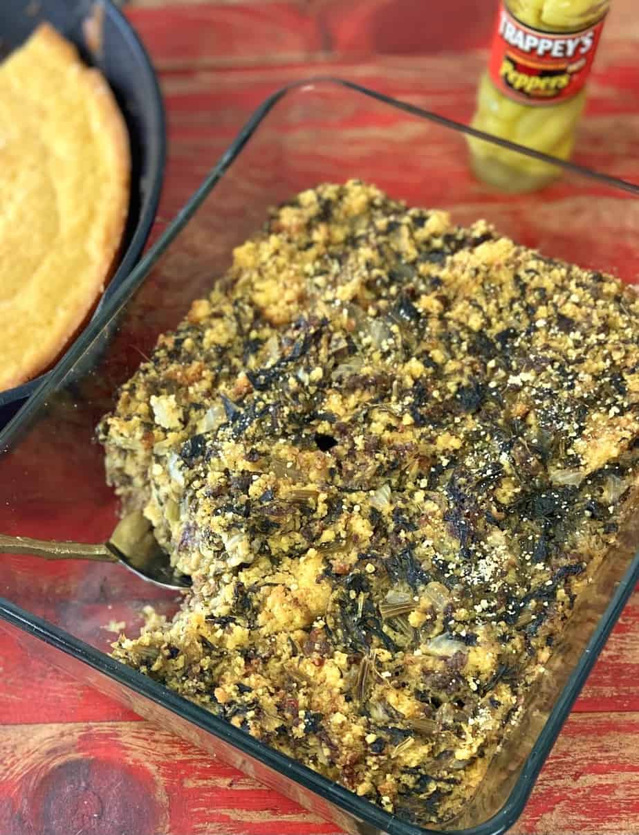 Turnip Green Cornbread casserole in baking dish.