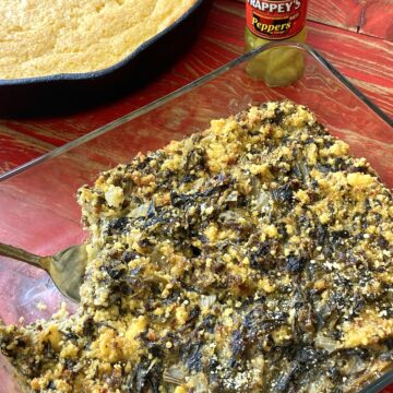 Turnip green cornbread casserole in baking dish.