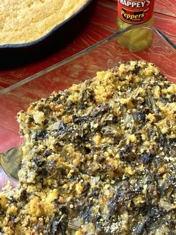 Turnip green cornbread casserole in baking dish.