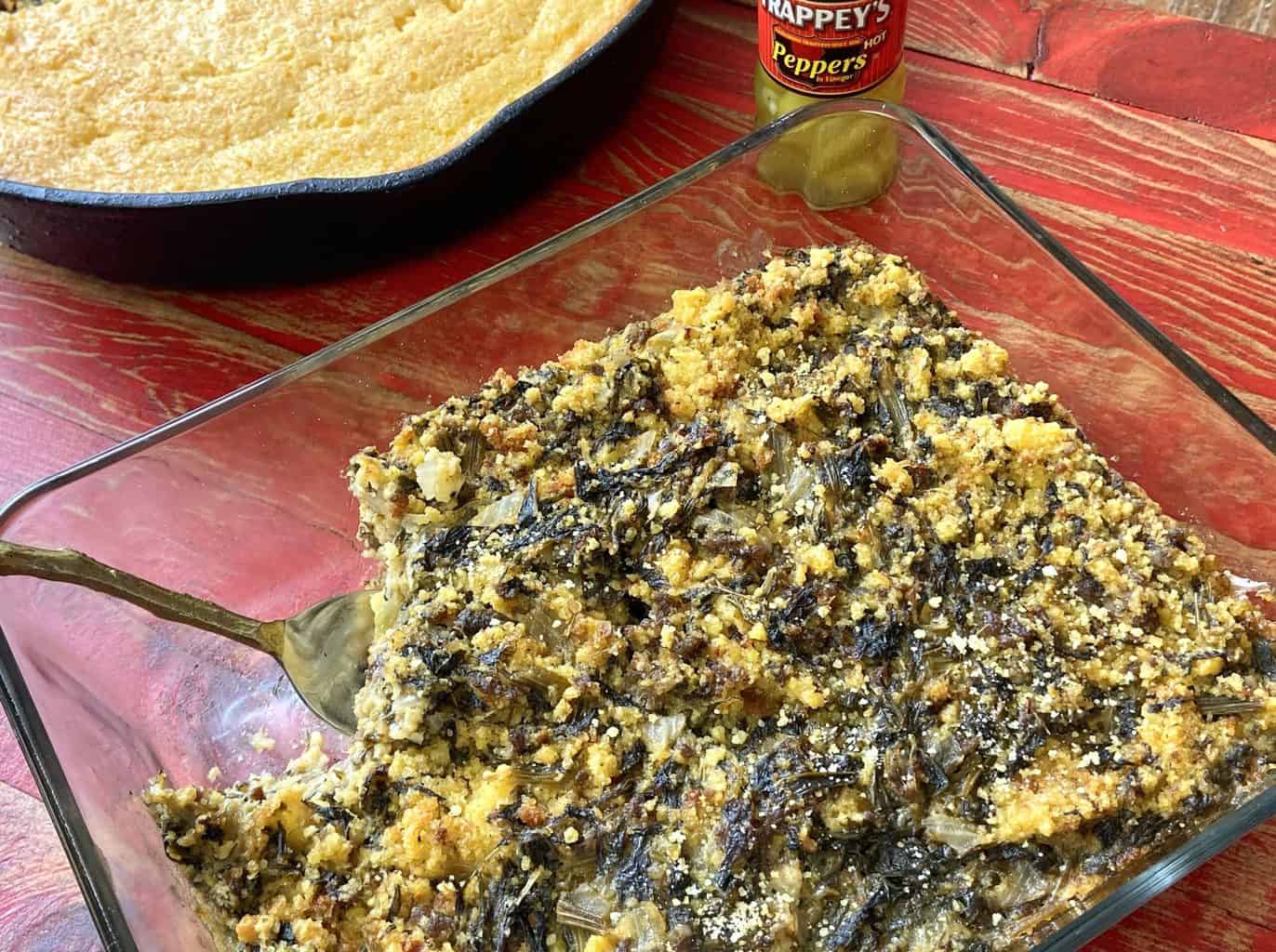 Turnip green cornbread casserole in baking dish.