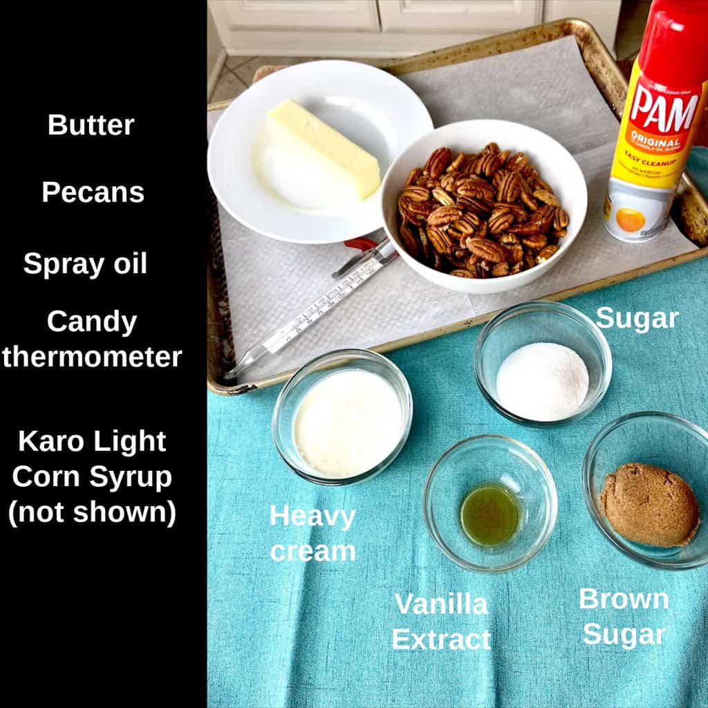 Chewy pecan praline ingredients labeled.