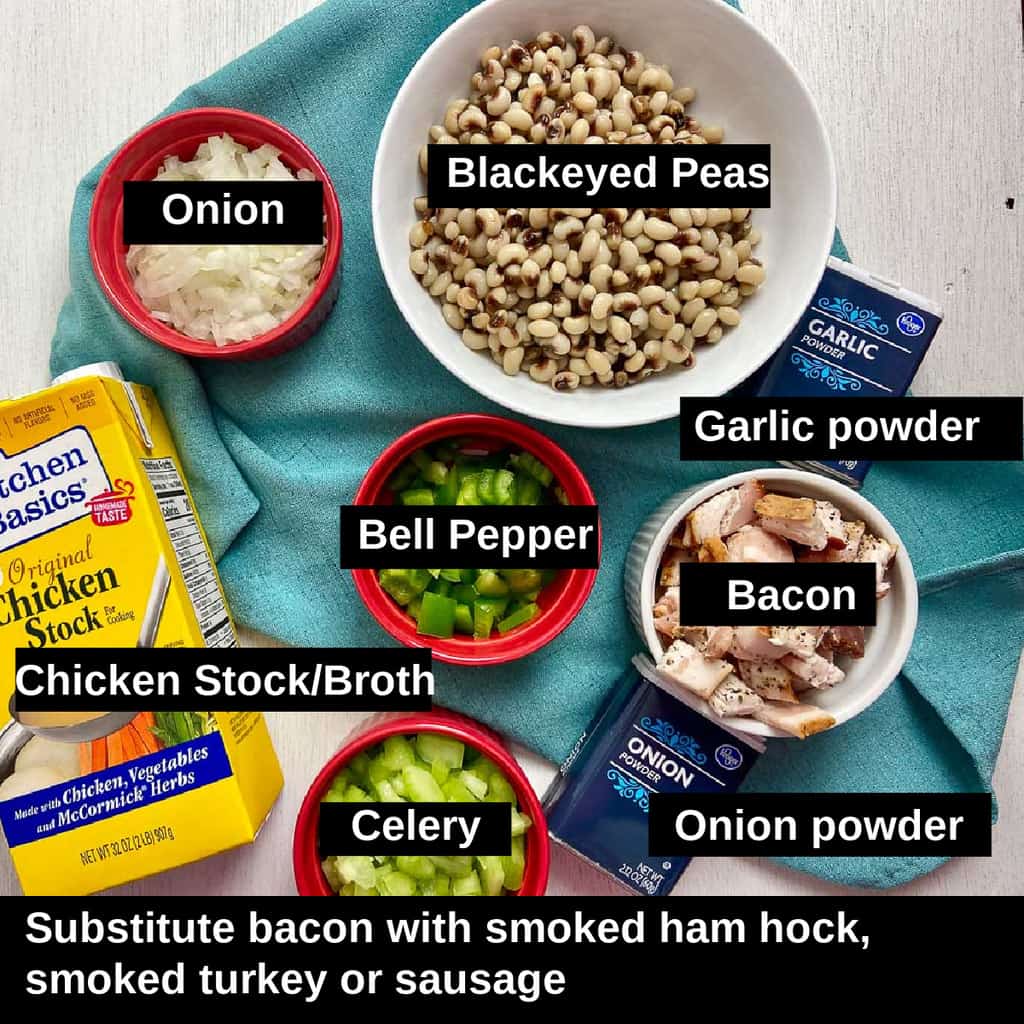 Ingredients for hoppin john labeled.