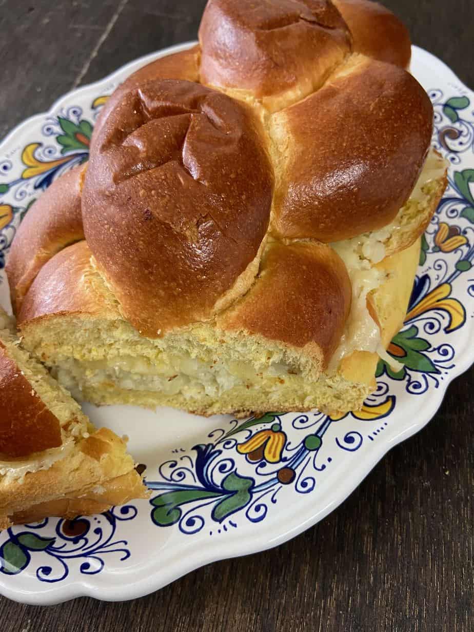 Challah bread stuffed with roasted cauliflower and cheese spread.