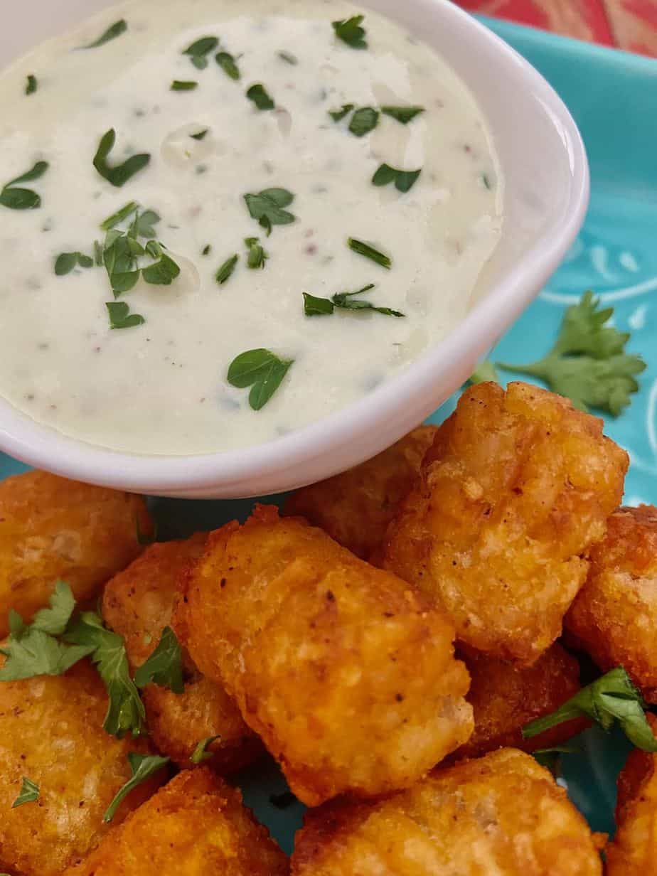 Close up of Buffalo Tater Tots with a side of Blue Cheese Aioli.