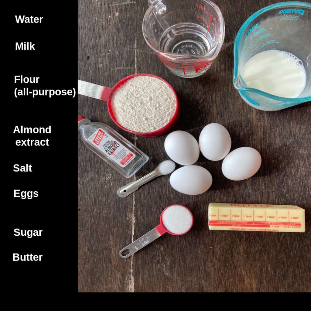 Cream puff ingredients labeled on counter.