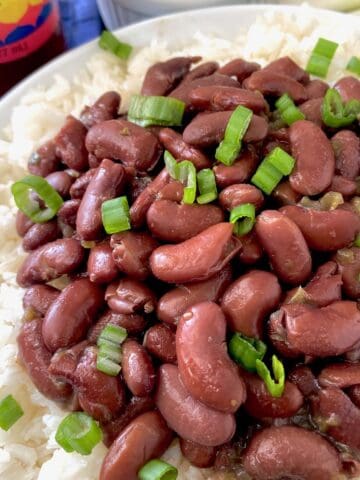 Close up of a bowl of red beans and rice garnished with green onion.