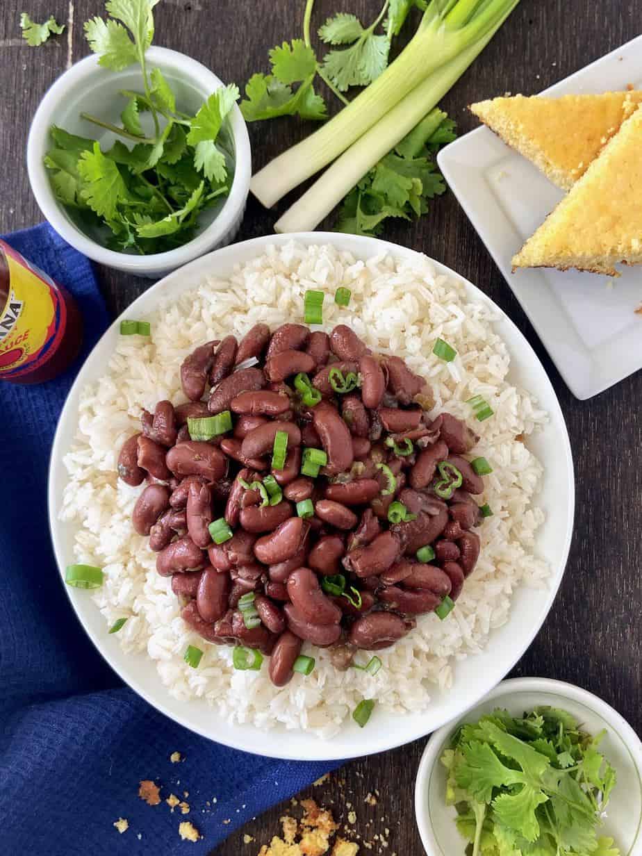 Red beans and rice in white bowl.