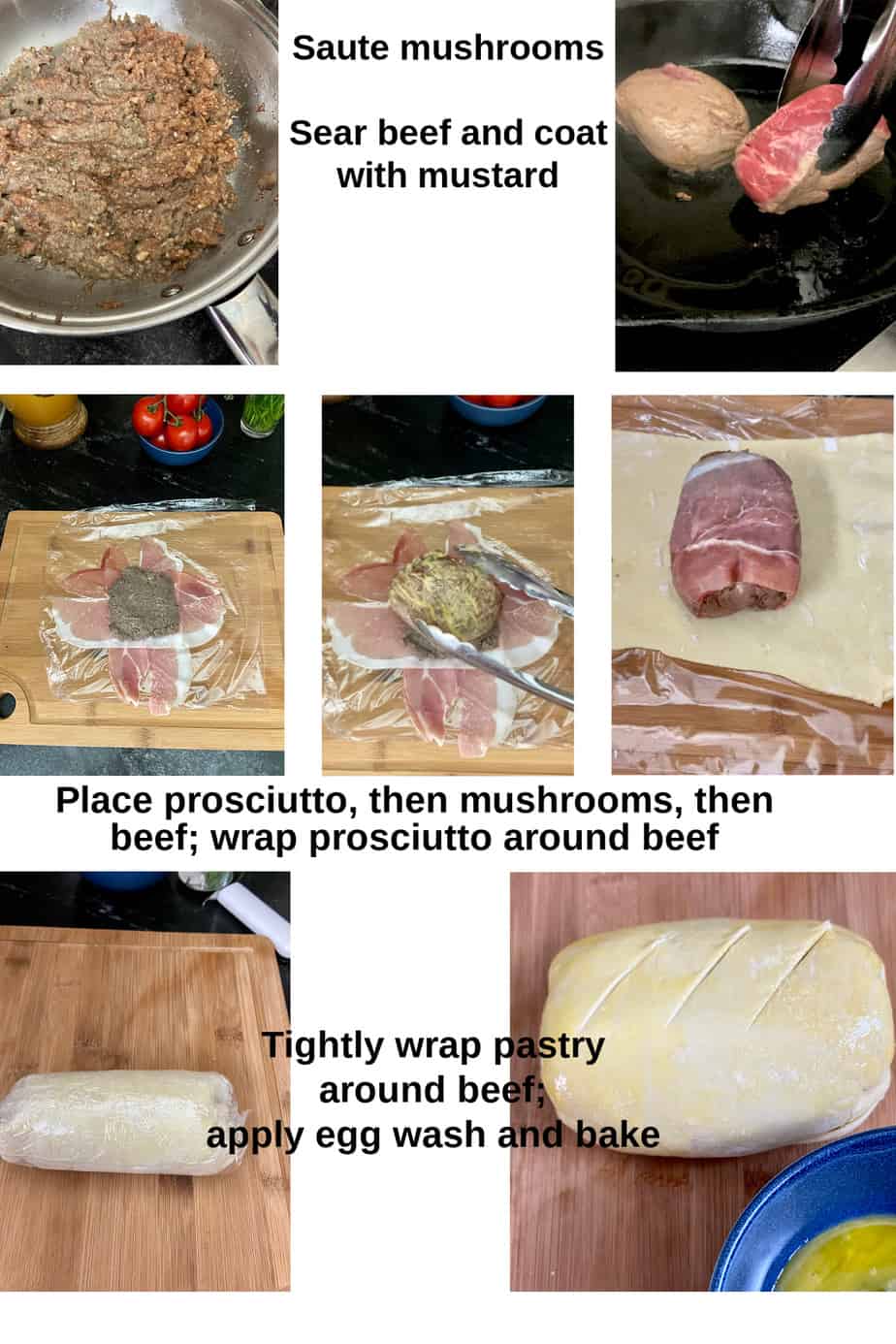 Visual steps for making beef wellington.