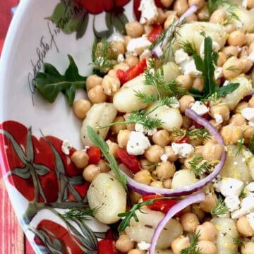 Close up of Mediterranean Gnocci in decorative bowl.