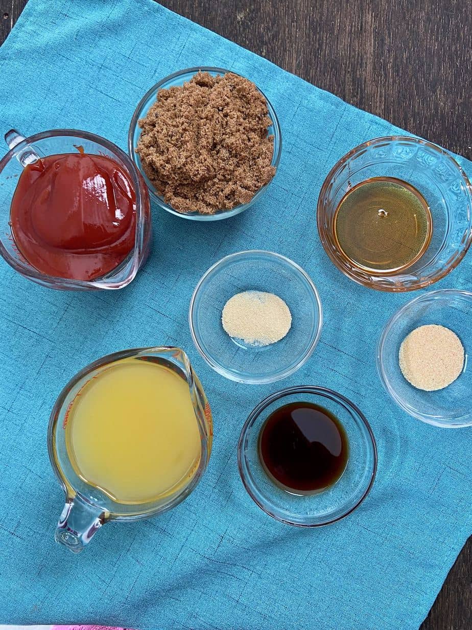 Ingredients on table with turquoise napkin.