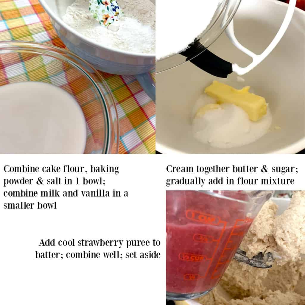 Three steps showing how to make the cake batter.