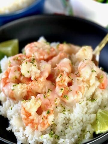 Creamy coconut shrimp and rice in black bowl.