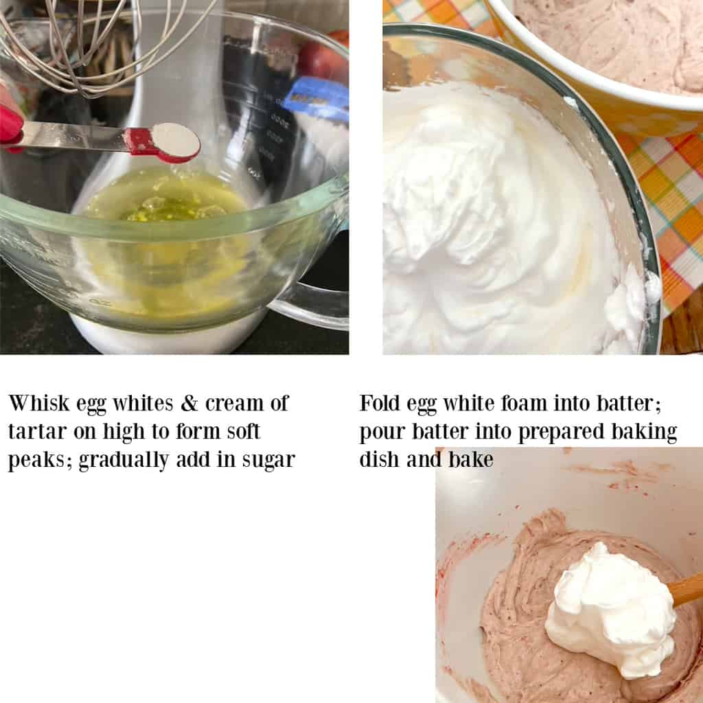 Three images showing how to make the egg whites and add to batter.